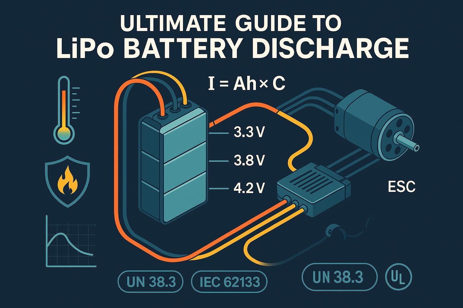 Cover image: LiPo battery discharge guide with C-rate formula, per-cell voltages, temperature gauge, telemetry sag graph, and safety/standards icons.