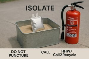 Swollen LiPo battery isolated in a vented metal container with sand and an ABC extinguisher nearby.