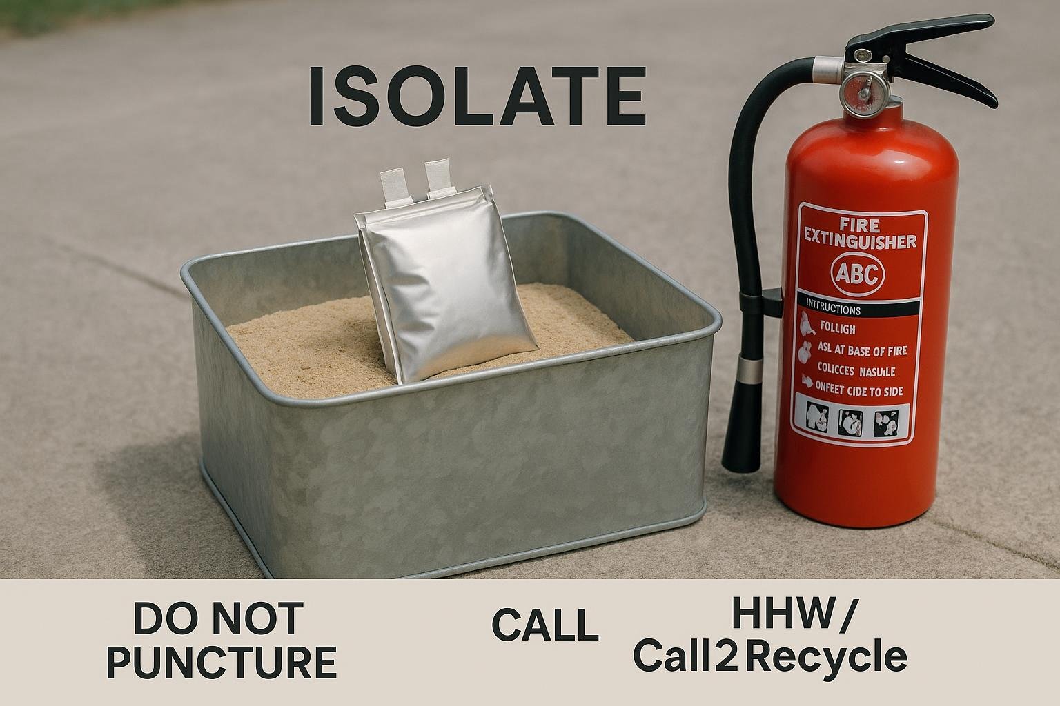 Swollen LiPo battery isolated in a vented metal container with sand and an ABC extinguisher nearby.