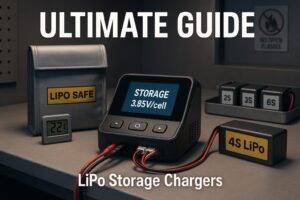 Workbench with a balance charger in LiPo storage mode (3.85 V/cell), LiPo-safe bag, and labeled packs in a cool, ventilated setup.