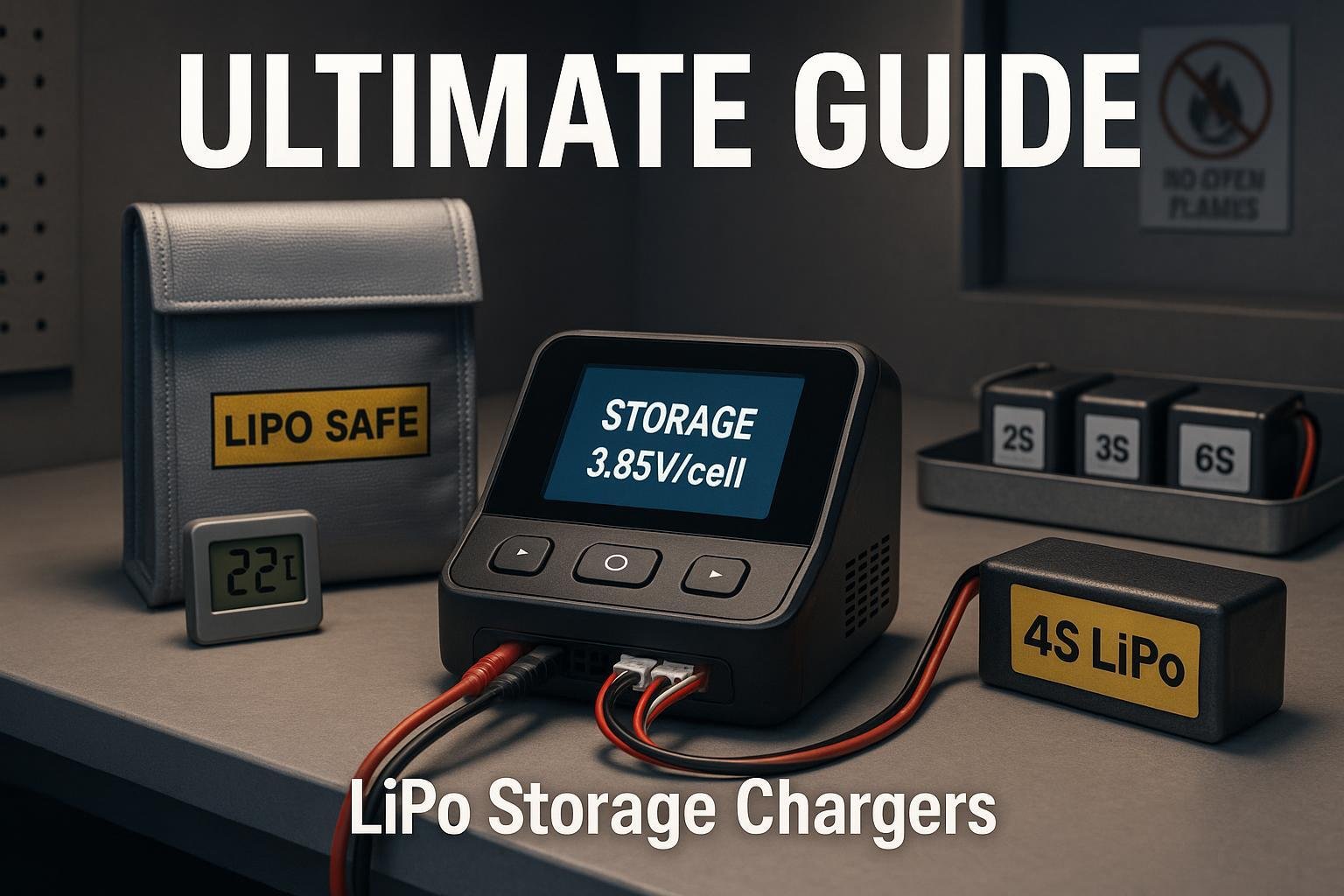 Workbench with a balance charger in LiPo storage mode (3.85 V/cell), LiPo-safe bag, and labeled packs in a cool, ventilated setup.