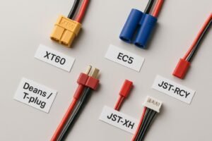 Top-down flat-lay showing XT60, EC5, Deans/T-plug, JST-RCY, and a JST-XH balance connector with labels.