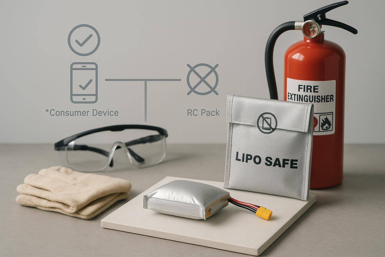 Safety setup for handling a swollen LiPo battery with PPE, LiPo bag, and extinguisher