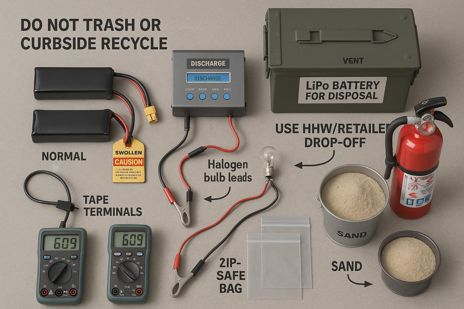 Overhead view of a safe LiPo battery disposal setup: terminals taped, LiPo bag and metal ammo can, charger discharging to ~3.0V/cell, resistive bulb load, sand bucket, and fire extinguisher.