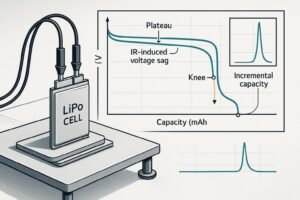 LiPo battery on test bench with annotated discharge curves and efficiency features