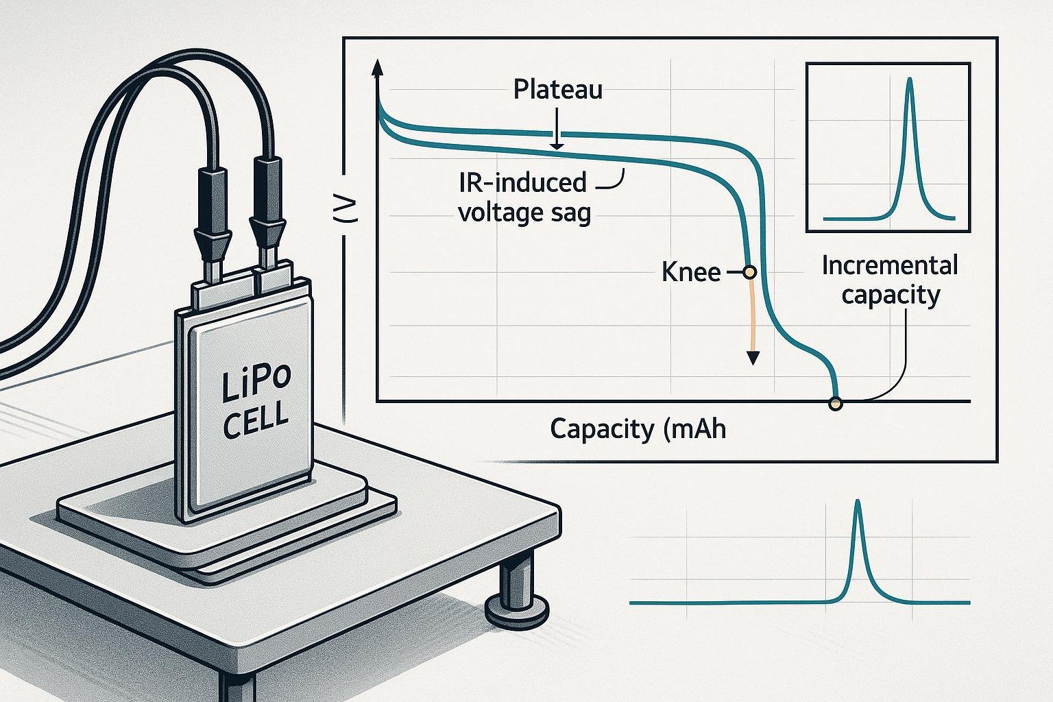LiPo battery on test bench with annotated discharge curves and efficiency features