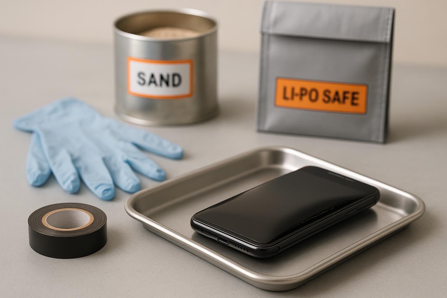 Swollen LiPo phone battery on a metal tray with gloves, tape, and a sand-filled metal tin for safe handling.