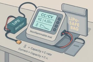 LiPo battery charging on a smart CC/CV charger with C-rate formula and safety cues on a tidy workbench