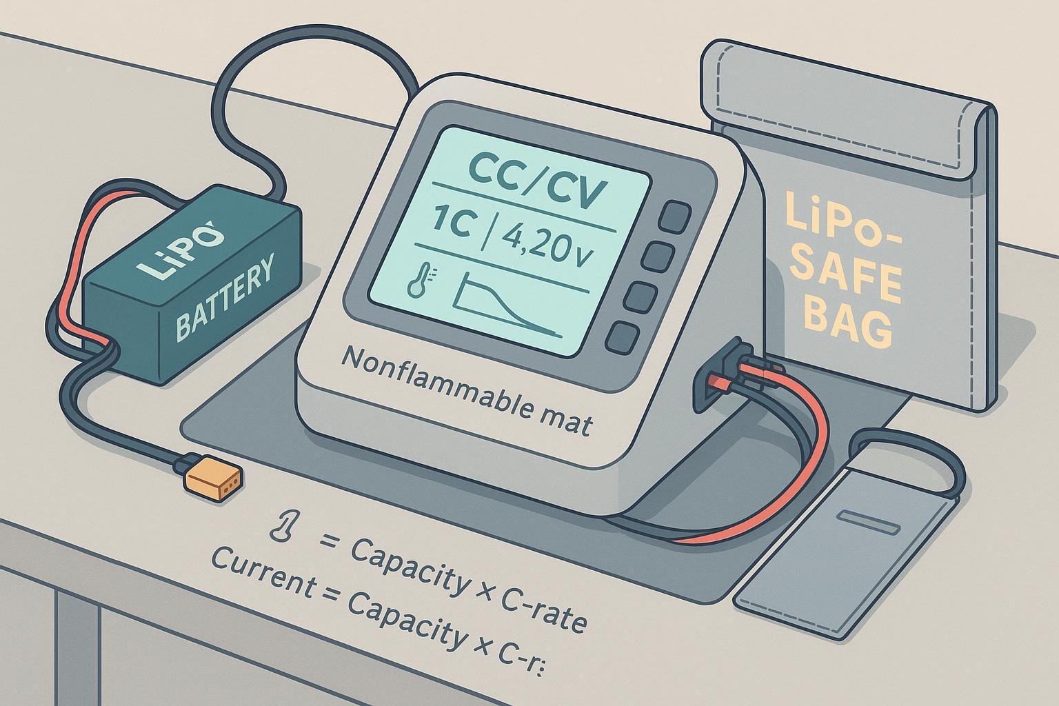 LiPo battery charging on a smart CC/CV charger with C-rate formula and safety cues on a tidy workbench