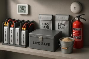 Safe LiPo battery storage: vented metal box, LiPo bags, labeled packs with separators, ABC extinguisher, sand bucket, and smoke detector.
