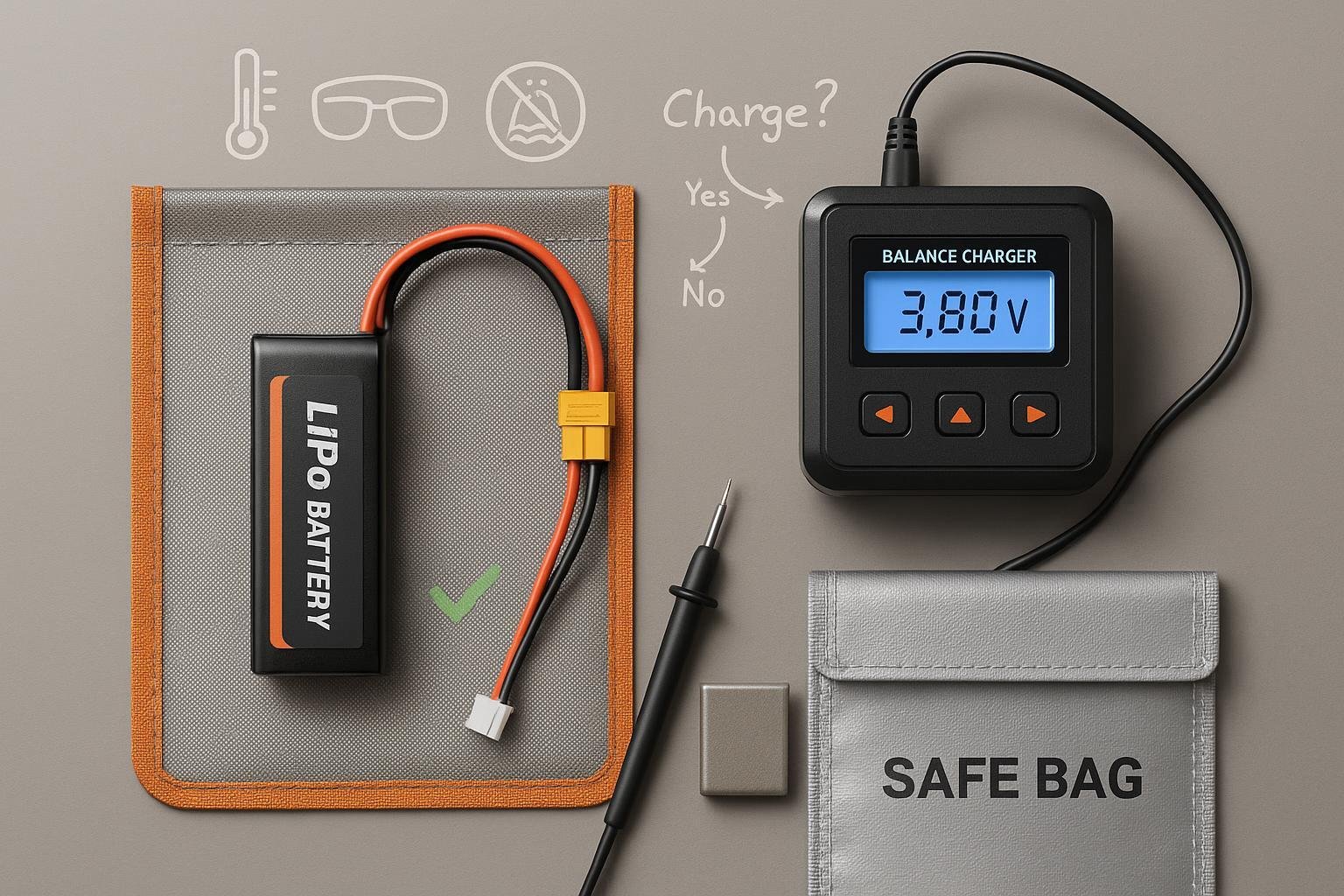 Safe LiPo battery discharge setup: balance charger at 3.80V, multimeter, LiPo bag, and fire-safe workspace.