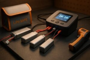 RC LiPo batteries on a balance charger at storage voltage with a LiPo-safe bag and IR thermometer on a non-flammable workbench.