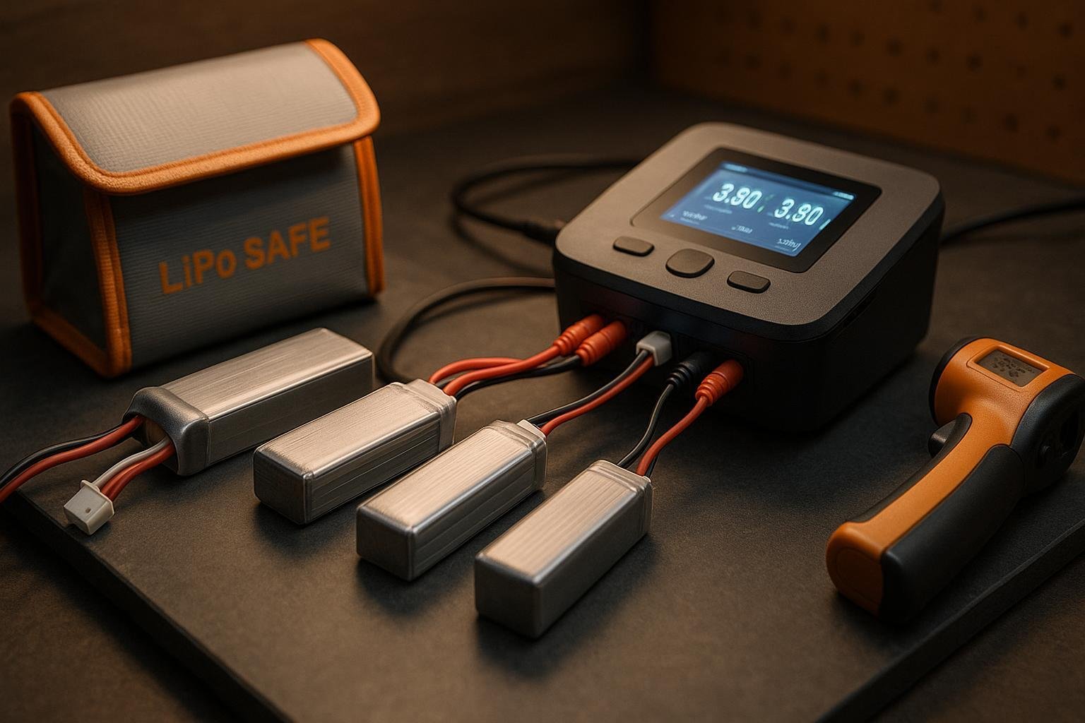 RC LiPo batteries on a balance charger at storage voltage with a LiPo-safe bag and IR thermometer on a non-flammable workbench.