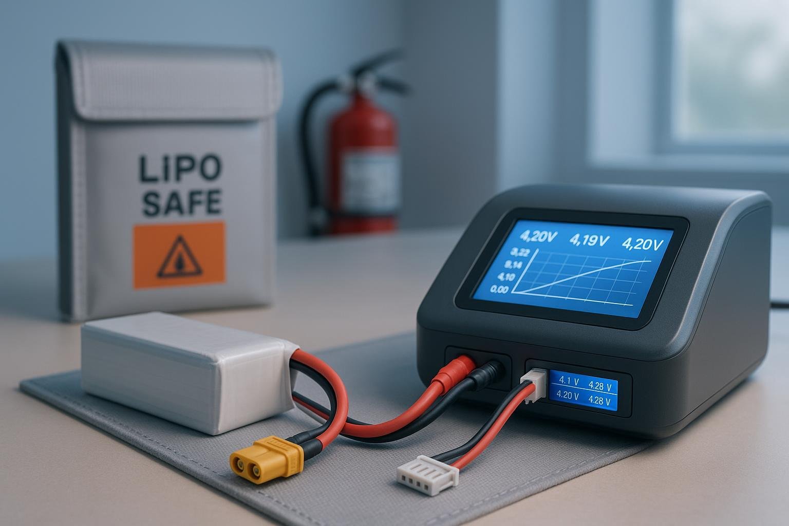 LiPo balance charger safely charging a 3S pack with per‑cell voltages displayed