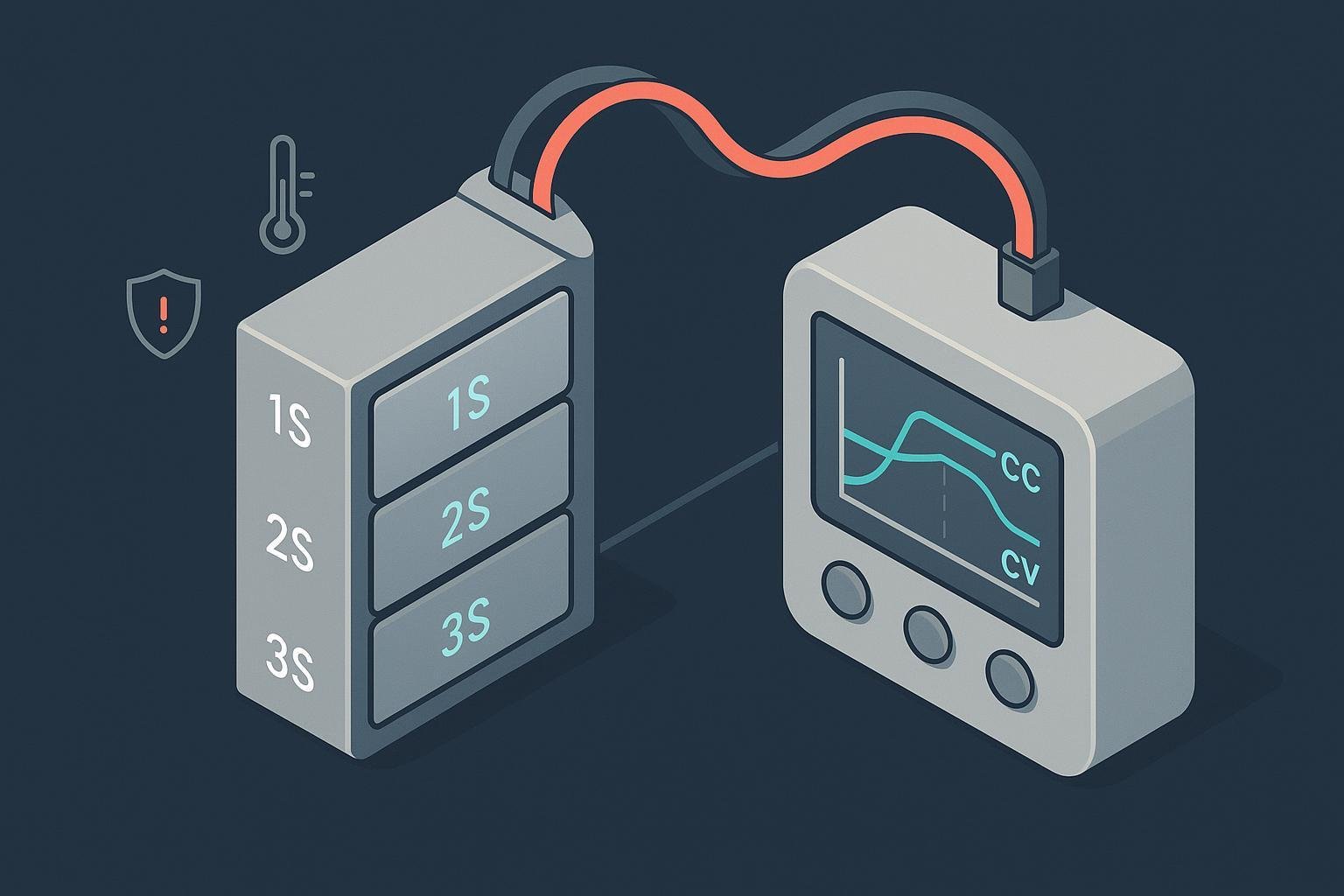Illustration of a LiPo battery pack with labeled cell counts and a CC/CV charging graph, plus temperature and safety icons.