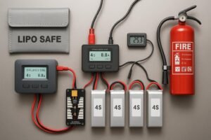 Top-down view of a LiPo parallel charging setup with balance charger, fused para-board, multiple 4S LiPo packs, and safety gear on a nonflammable surface.
