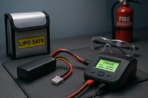 Checking a LiPo battery on a smart charger set to 3.80V/cell storage mode with a LiPo safe bag and ABC extinguisher nearby.
