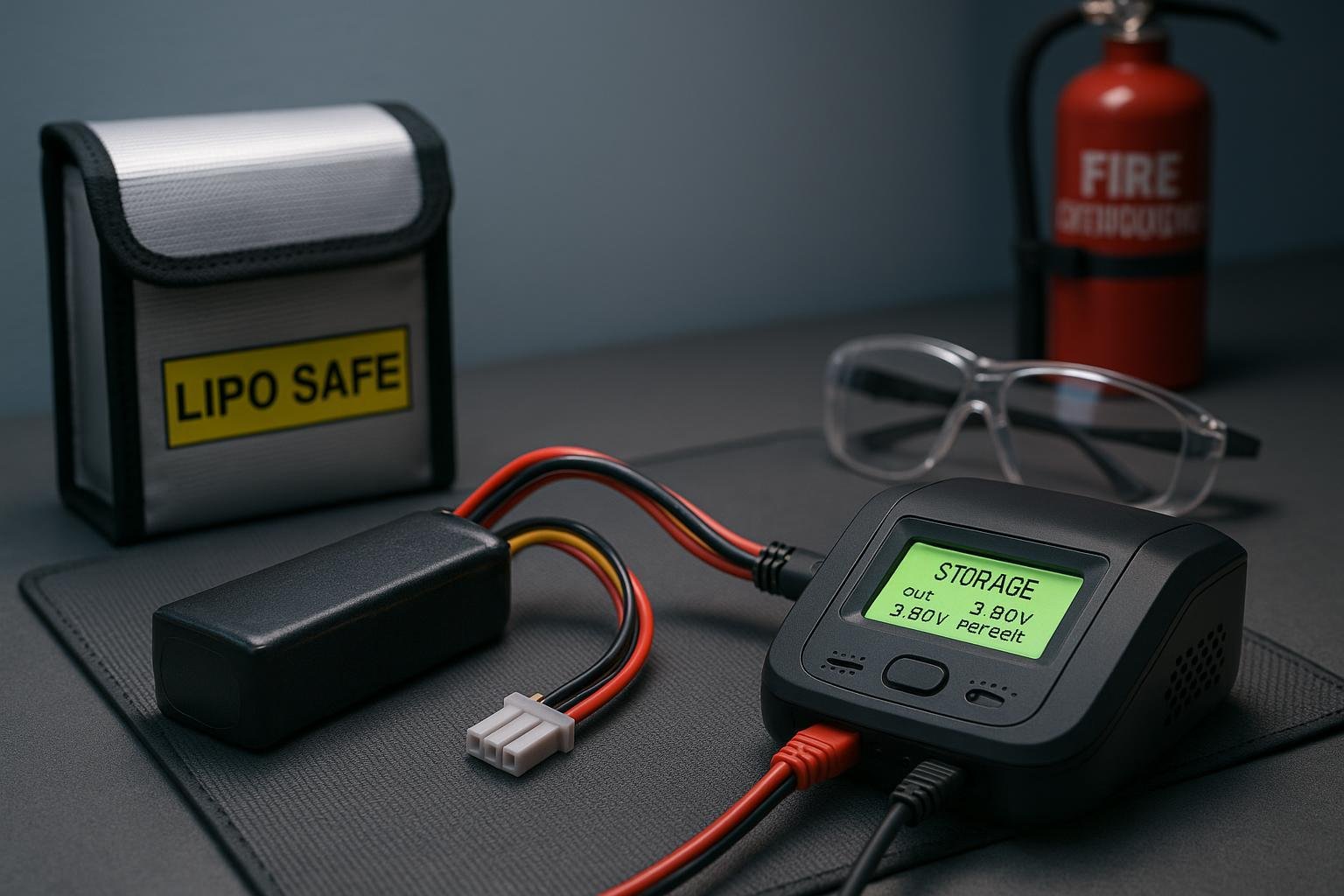 Checking a LiPo battery on a smart charger set to 3.80V/cell storage mode with a LiPo safe bag and ABC extinguisher nearby.