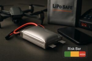 Slightly puffy LiPo battery beside RC drone and phone with lifted screen, indicating high risk.