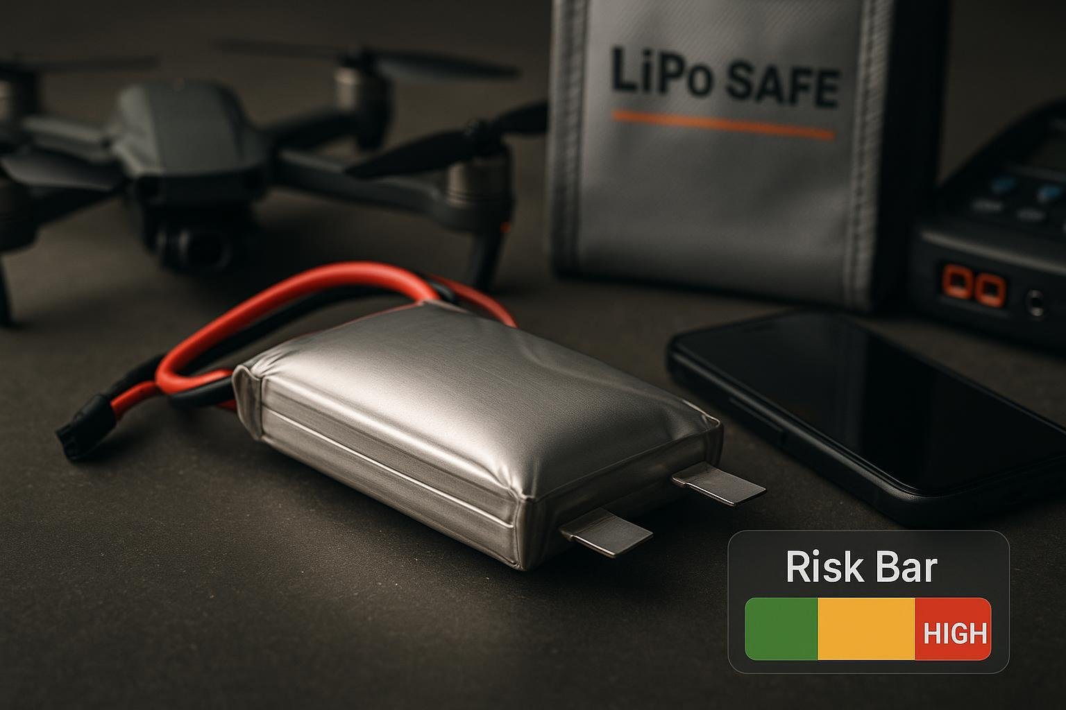 Slightly puffy LiPo battery beside RC drone and phone with lifted screen, indicating high risk.
