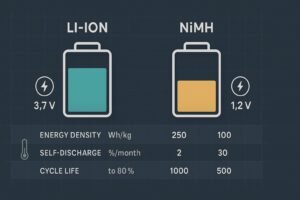 Technical cover image comparing Li-ion vs NiMH batteries with voltage and energy density overlays
