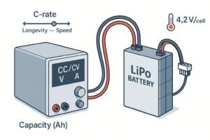 LiPo charging setup diagram with CC/CV, C-rate, capacity, and temperature indicators
