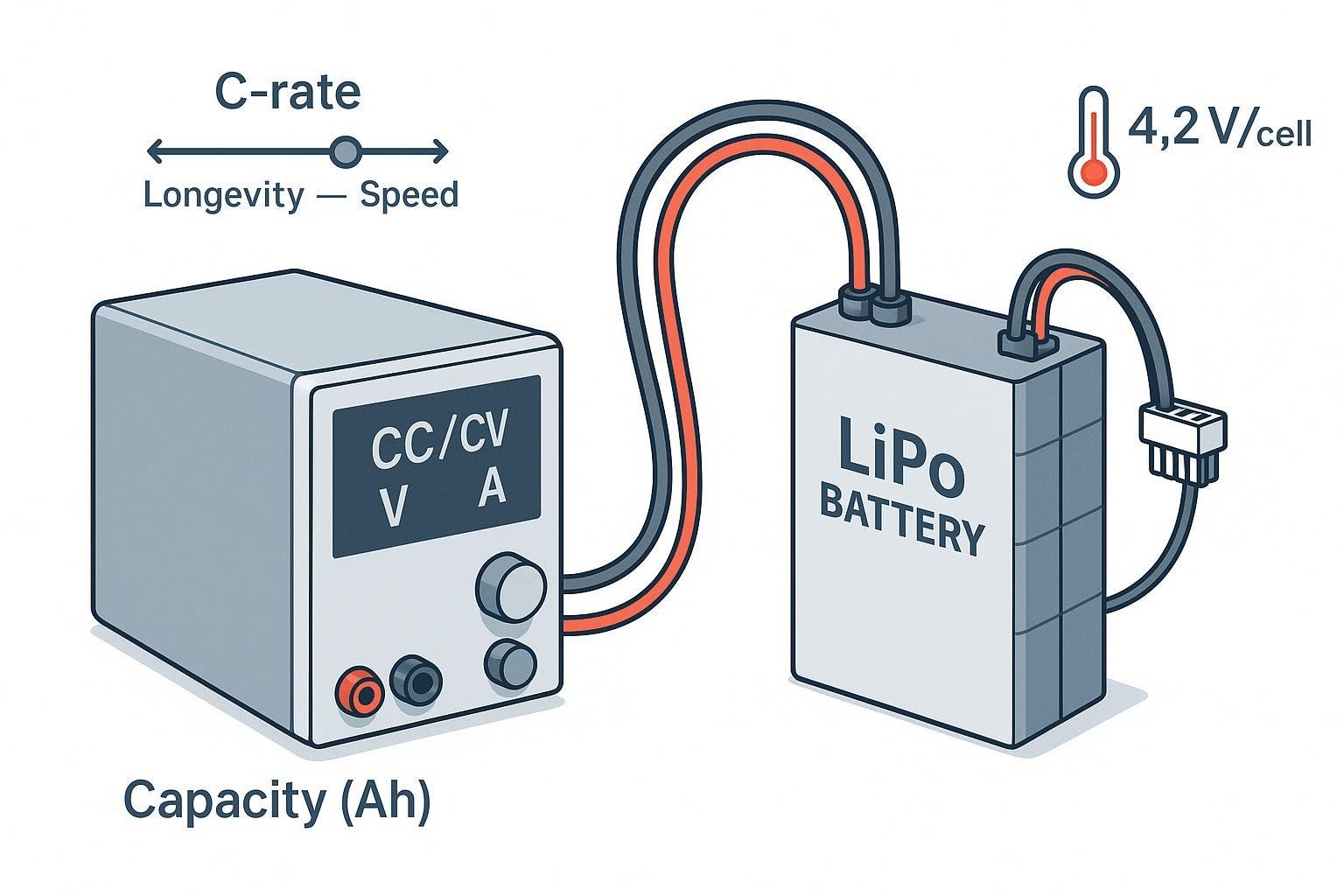 LiPo charging setup diagram with CC/CV, C-rate, capacity, and temperature indicators