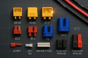 Top-down spread of 10 common LiPo battery connectors on a grid workbench: XT, EC, Deans, JST, Traxxas iD, Anderson Powerpole.