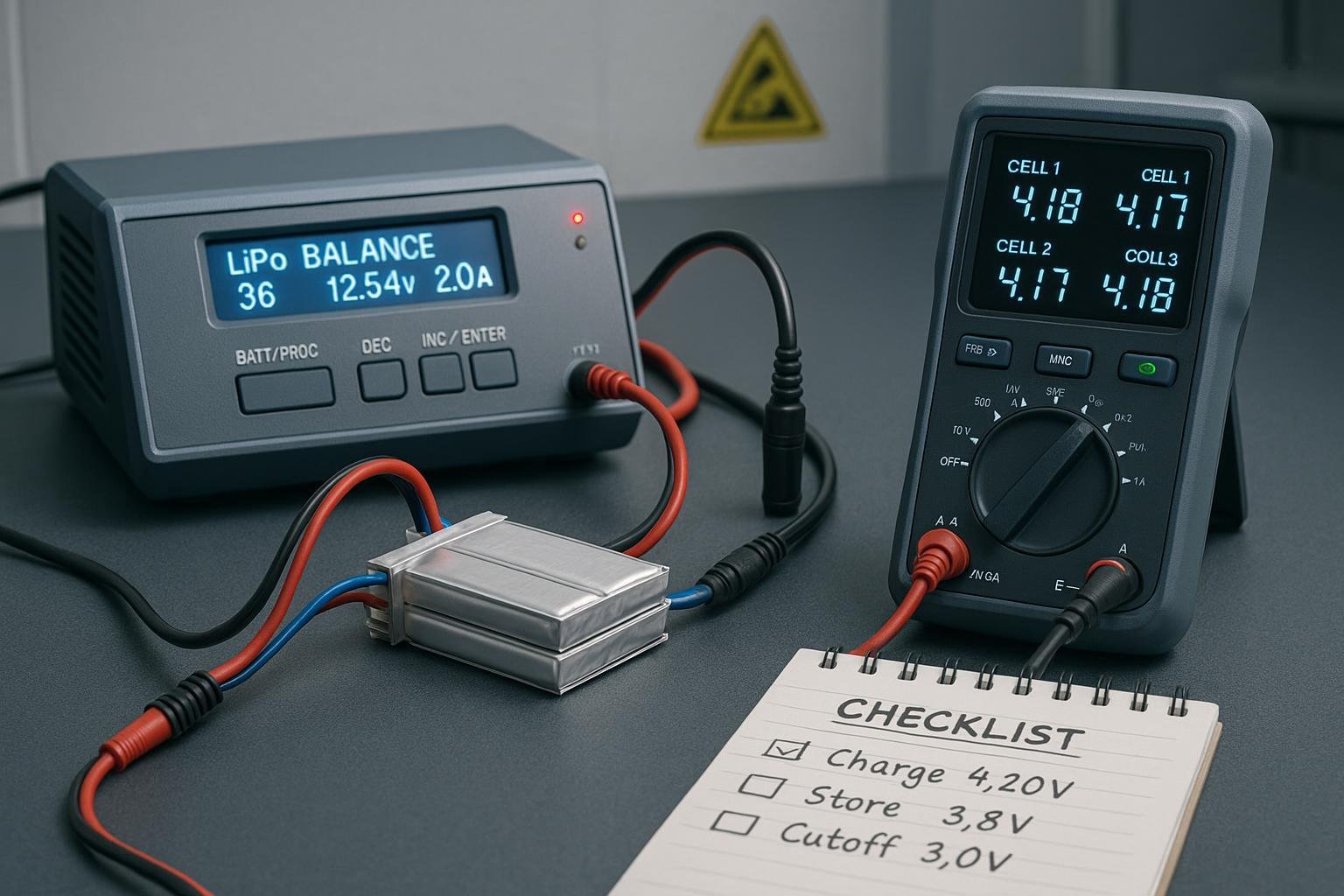 LiPo battery on ESD lab bench connected to balance charger and multimeter showing safe voltage ranges