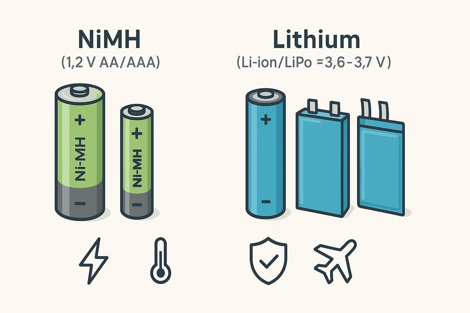 Comparison cover: NiMH AA/AAA vs Lithium (18650, prismatic, pouch) with icons for energy, temperature, safety, and shipping.