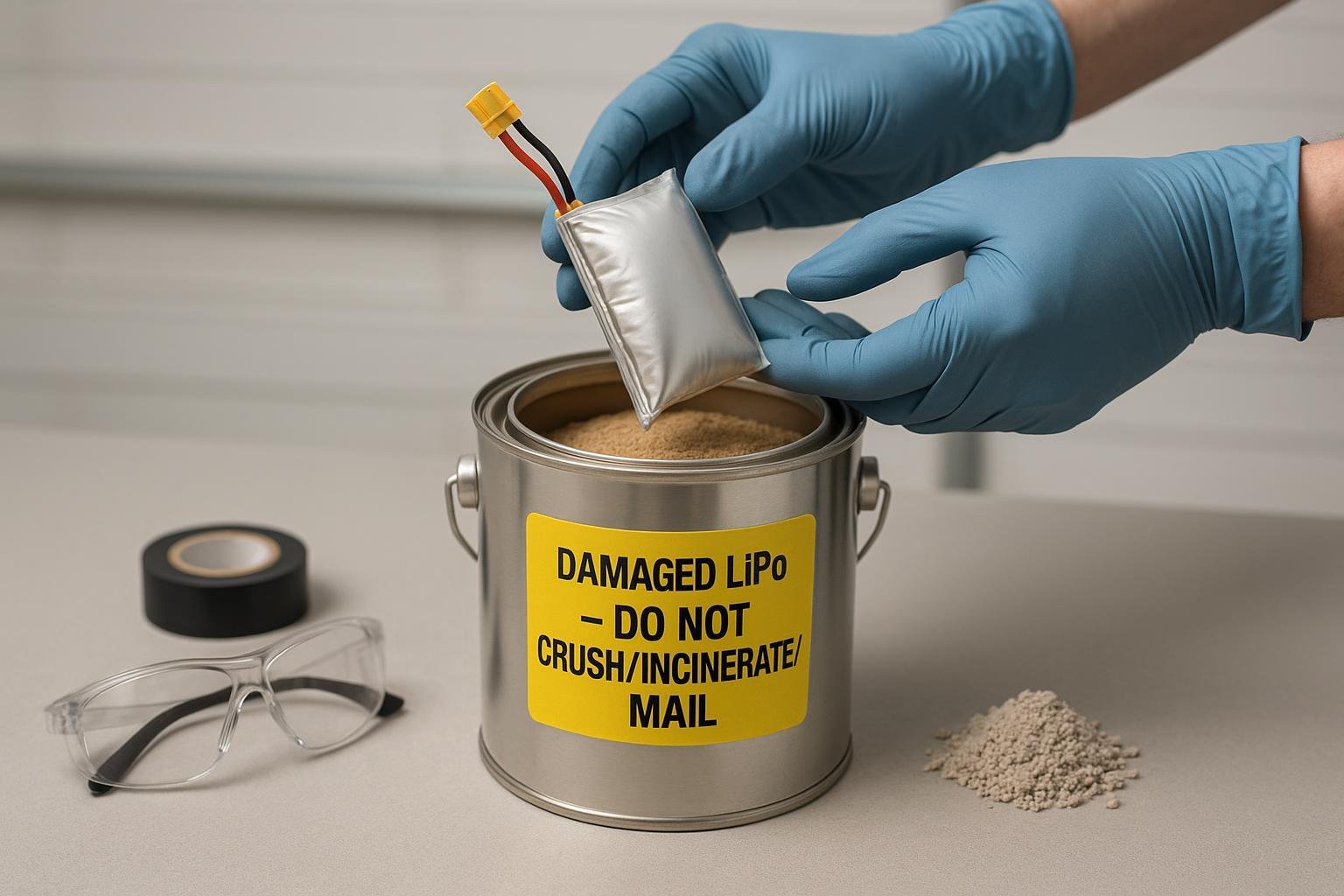 Gloved hands place a swollen LiPo battery into a sand-filled metal container with a safety label on a clean workbench.