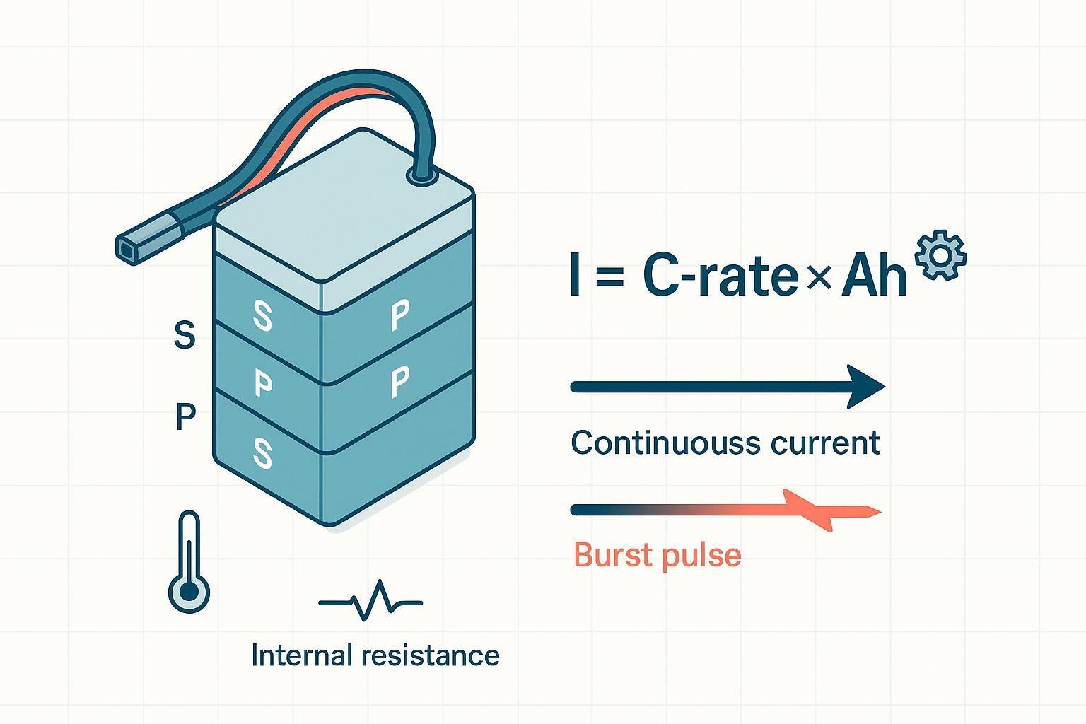 Infographic: LiPo C-rating explained with I = C-rate × Ah, continuous vs burst, and series/parallel layout.