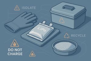 Swollen LiPo battery safety guide cover with isolation and recycling icons