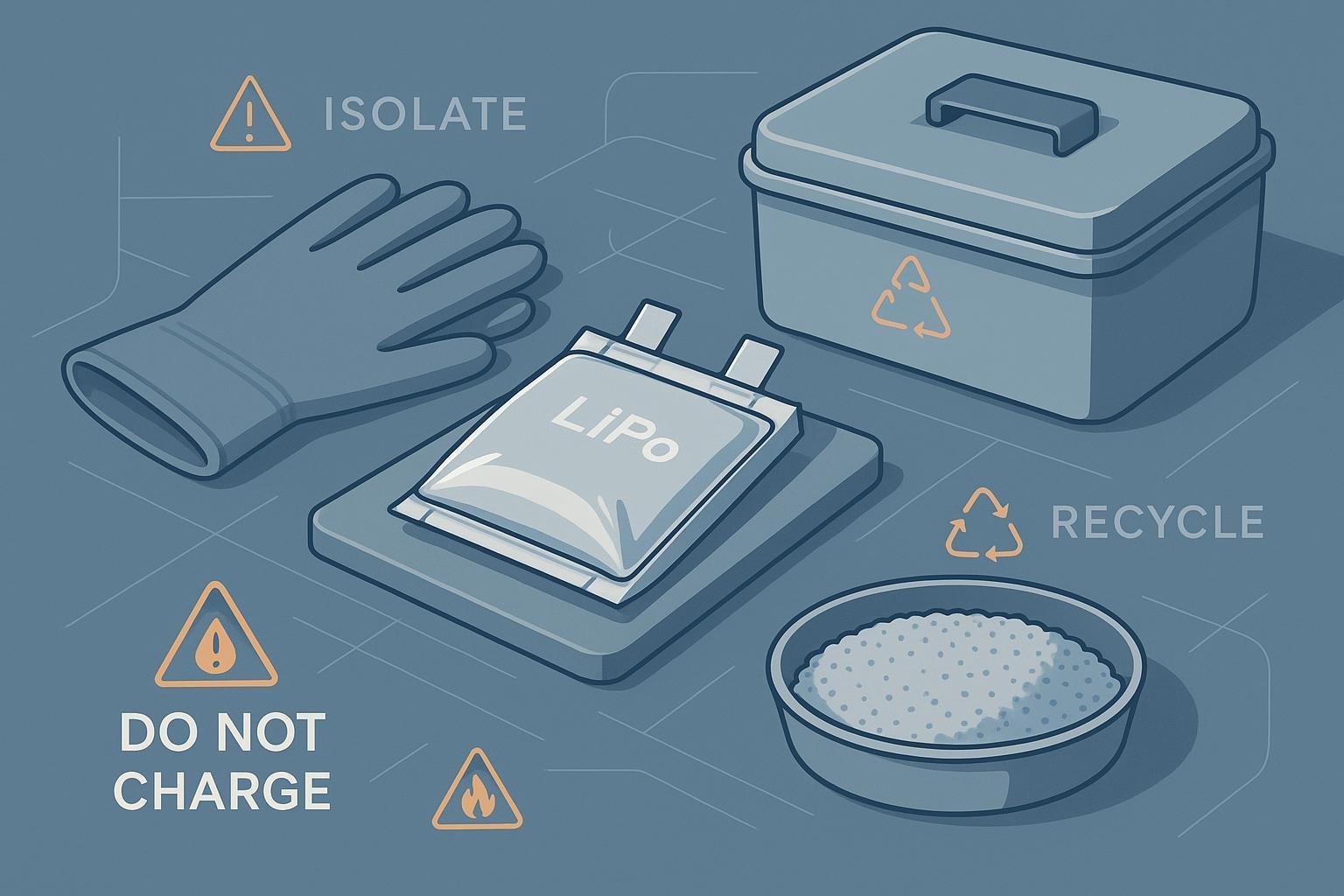Swollen LiPo battery safety guide cover with isolation and recycling icons