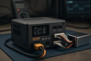 Industrial LiPo battery charger with balance port and safety indicators on an engineering workbench