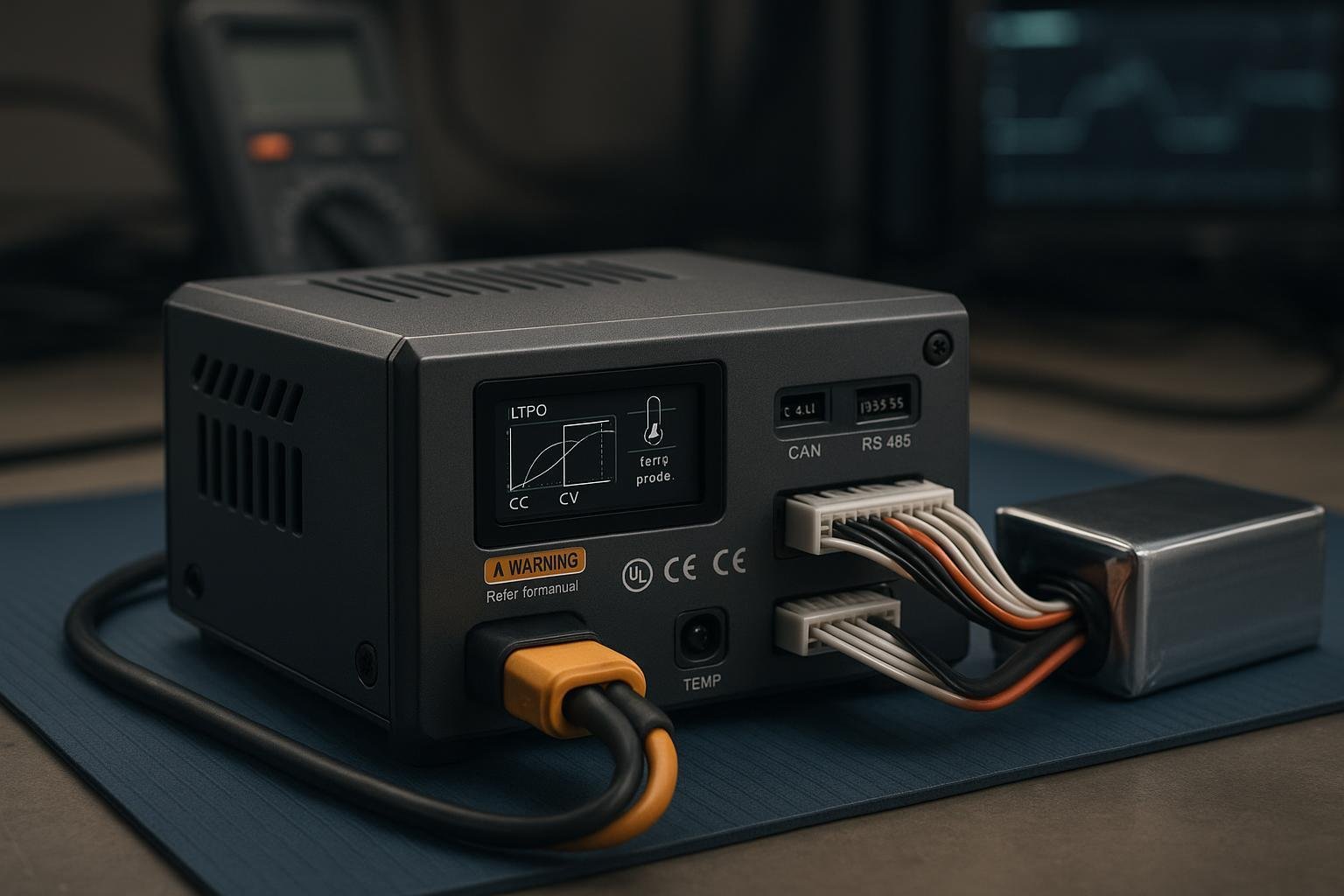 Industrial LiPo battery charger with balance port and safety indicators on an engineering workbench