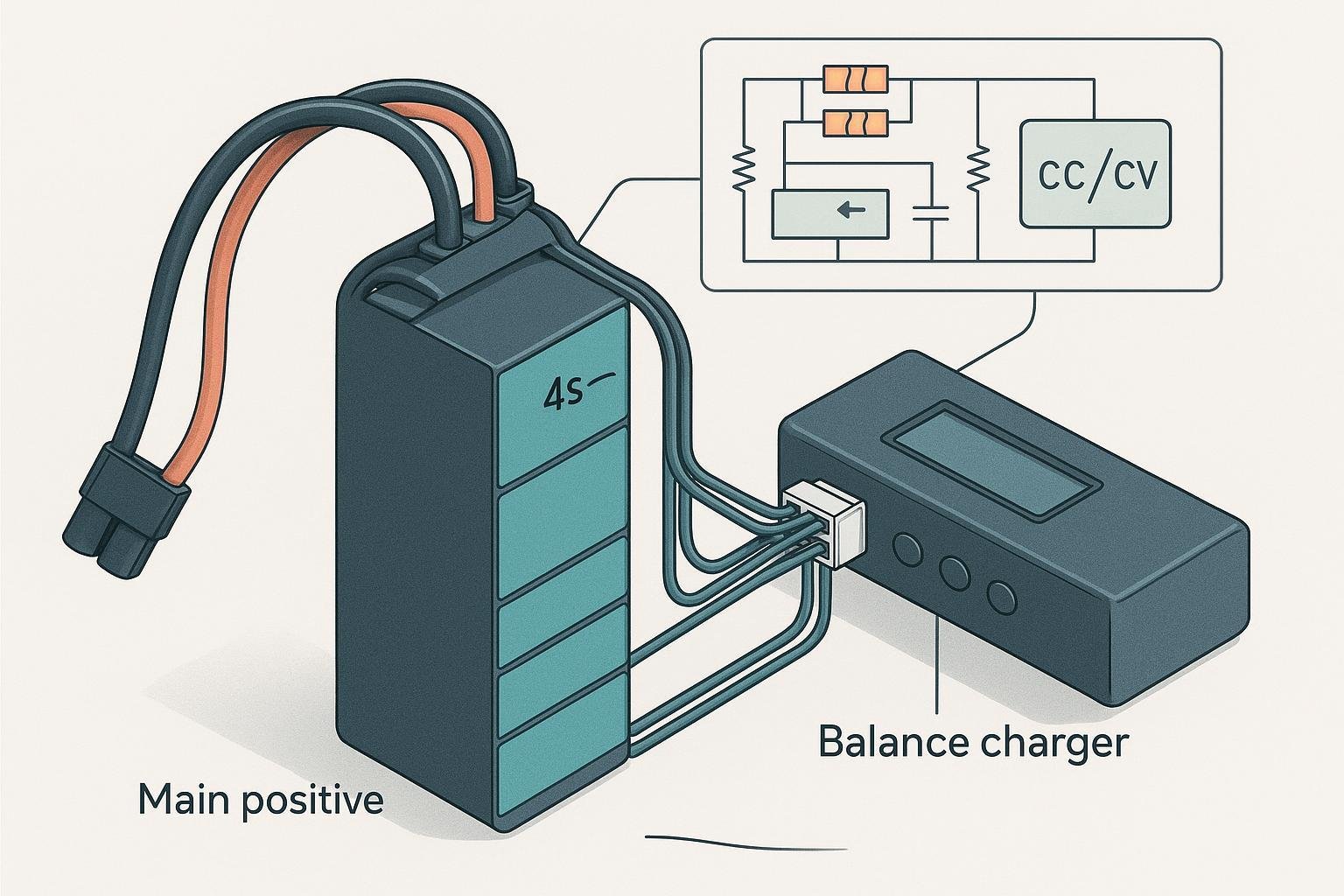 Isometric illustration of a 4-cell LiPo pack connected to a balance charger, showing main leads and a JST-XH balance connector with passive balancing resistors.