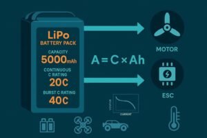 Infographic: LiPo C rating explained with formula, continuous vs. burst, and voltage sag graph