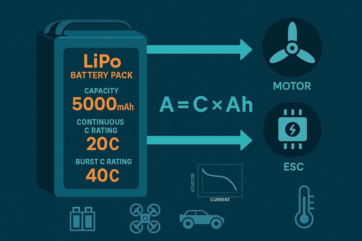 Infographic: LiPo C rating explained with formula, continuous vs. burst, and voltage sag graph