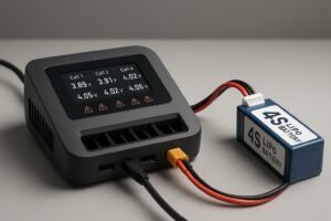 Modern multi-channel 4S LiPo charger with balance leads and safety icons in a lab setting