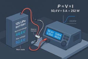Technical schematic cover: 12S LiPo charger setup with CC/CV curve and power calculation example