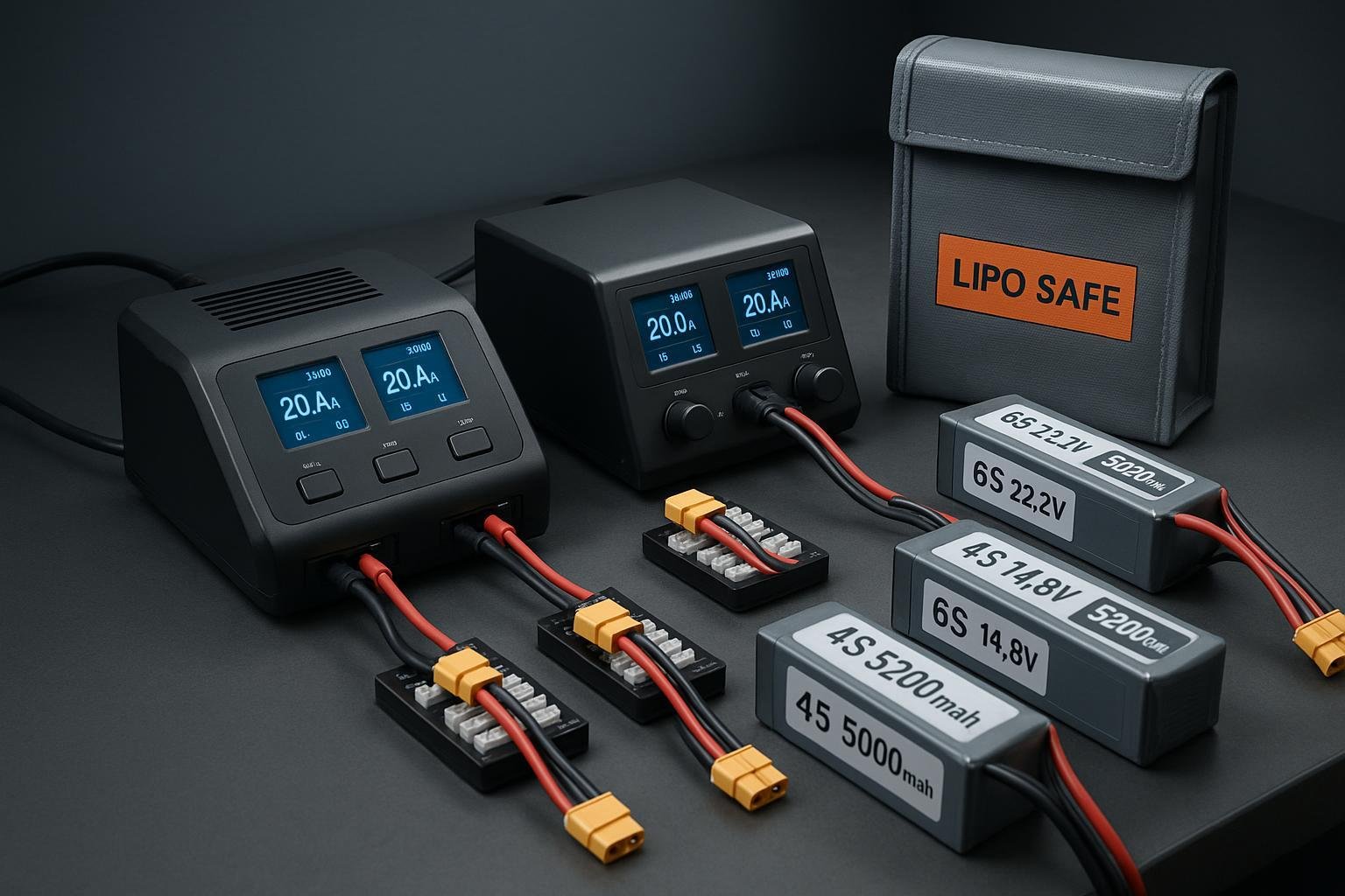RC LiPo charging station with dual chargers, parallel boards, and a LiPo safe bag on a clean bench