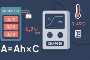 Illustration of a LiPo battery, CC/CV charge graph, and C-rate formula with temperature and balance charging icons