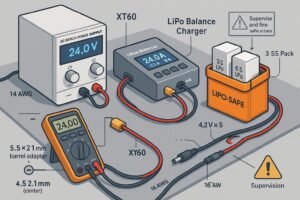 Bench PSU powering a LiPo balance charger via XT60, with barrel adapter, LiPo bag, and multimeter measuring 24 V output.