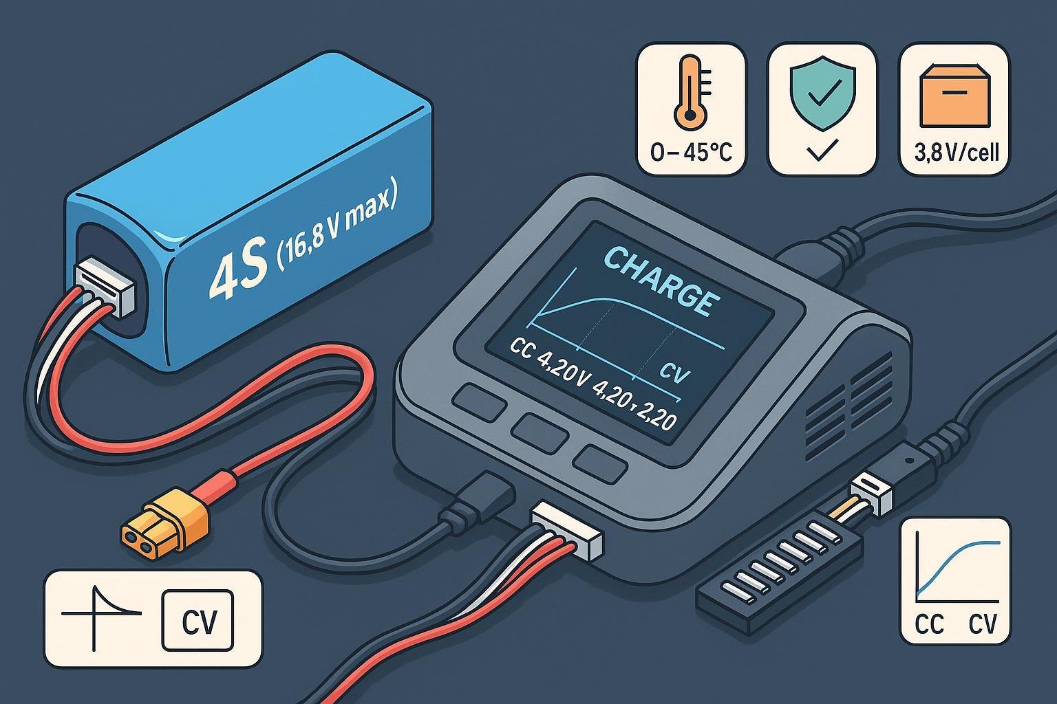 Technical cover showing a 4S LiPo pack, balance charger with CC/CV display, and safety icons for the 4S LiPo charger guide.