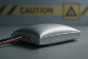 Swollen LiPo battery on a nonflammable surface with safety cue.