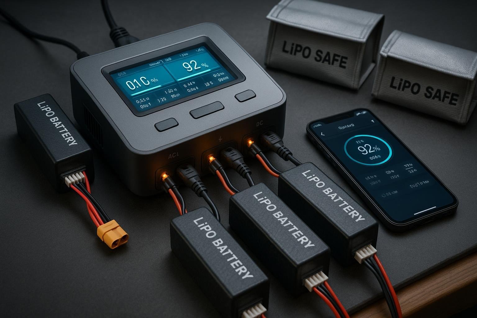 Multi-port LiPo charger setup on an RC pit bench with four packs, balance leads, and LiPo-safe bags