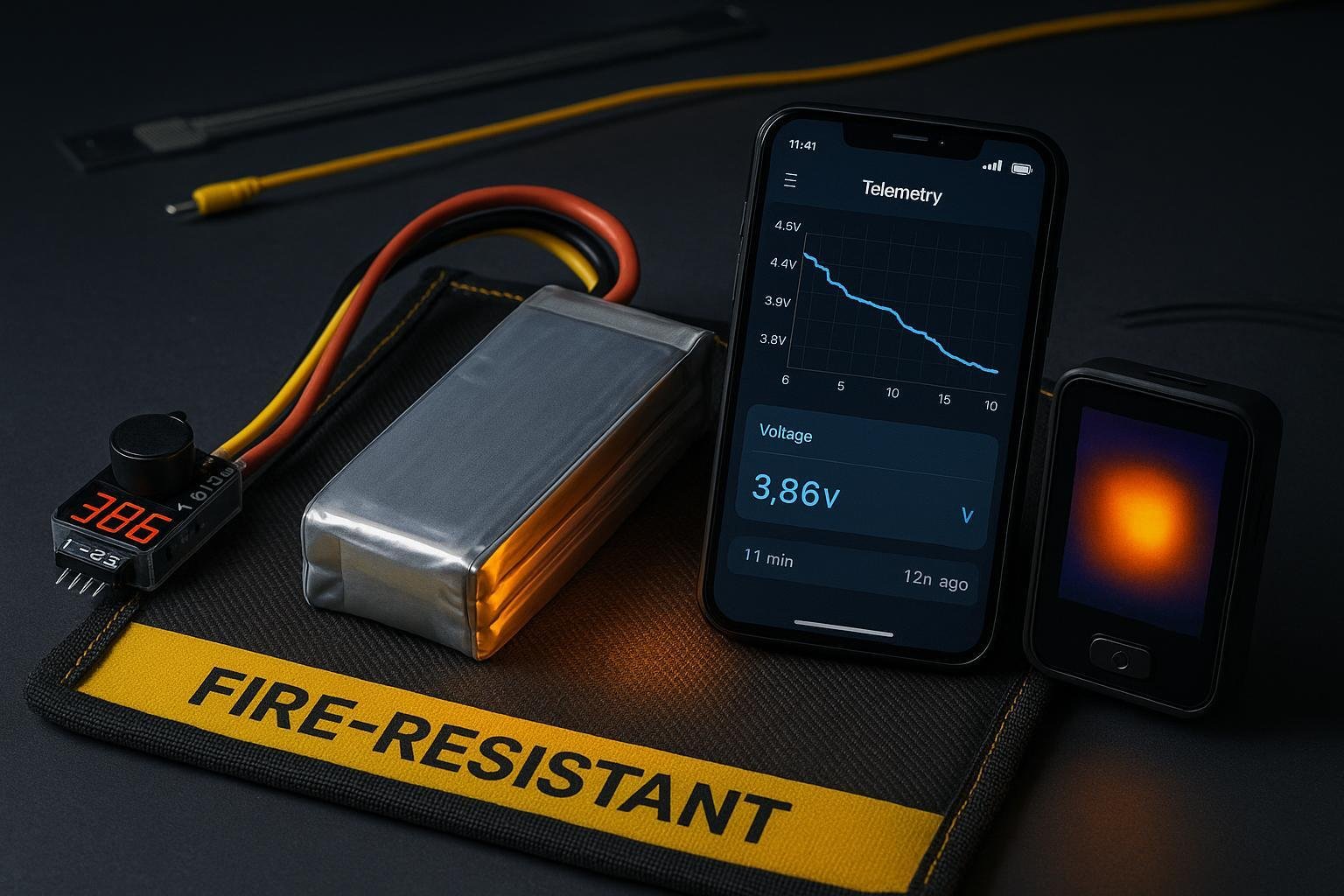 LiPo swelling detection tools around a battery: buzzer alarm, telemetry app, and thermal camera on a fire-safe mat.