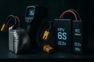 Swollen LiPo next to premium FPV and RC replacement packs on a fireproof surface, highlighting performance and safety.