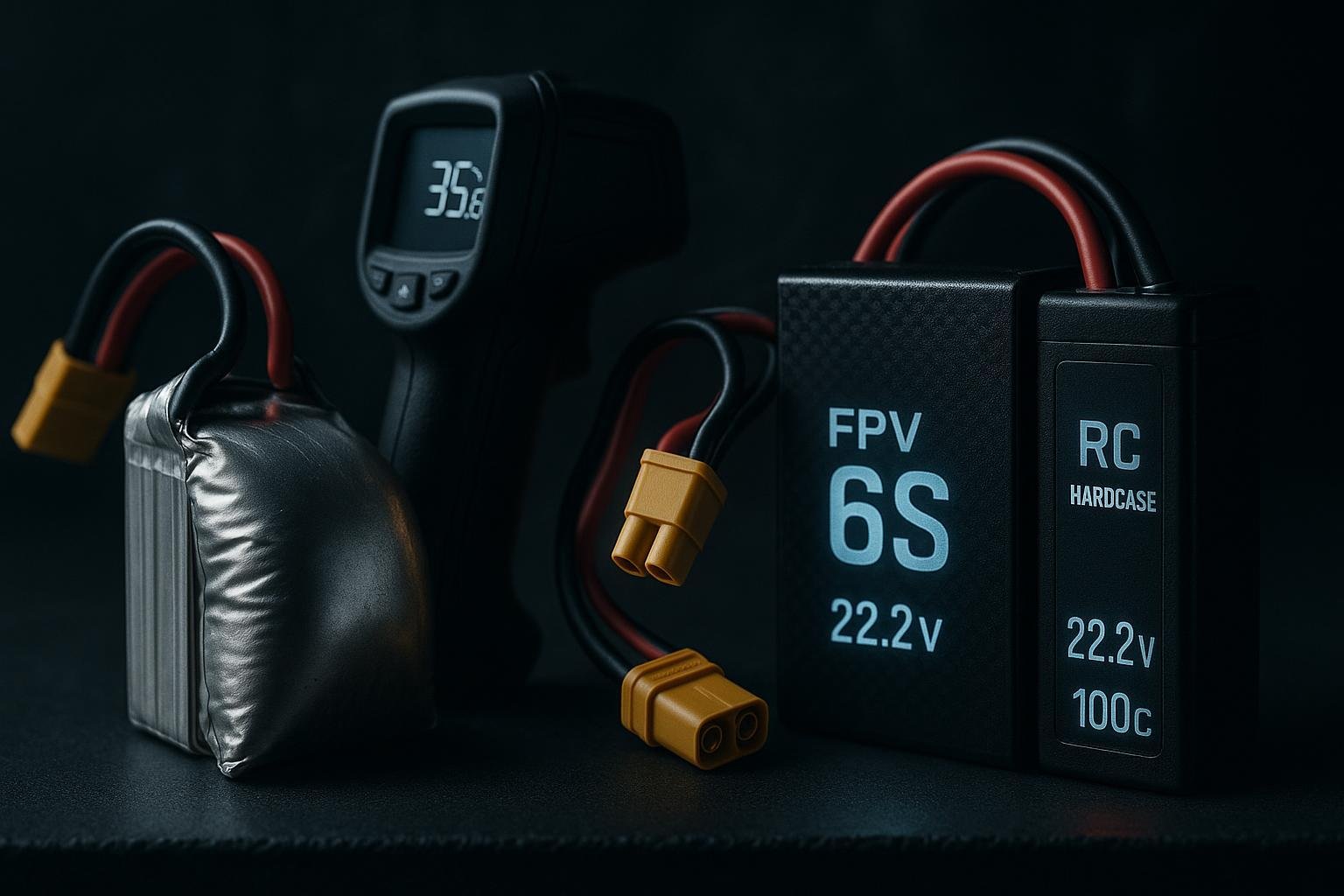 Swollen LiPo next to premium FPV and RC replacement packs on a fireproof surface, highlighting performance and safety.